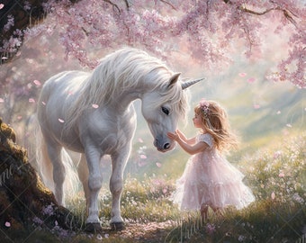White Unicorn Under Cherry Blossom Tree Digital Backdrop, Flower