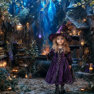 Digital bakgrund för Halloween-häxbibliotek, högtidsbakgrund, förtrollad porträttfotografering, kreativ komposit för barn, Photoshop-överlägg