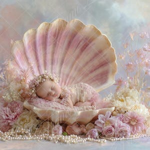 May include: A newborn baby sleeps peacefully inside a large seashell, surrounded by pink and cream-colored flowers and pearls. The baby is wearing a matching floral crown and outfit. The background is a soft, pastel gradient.
