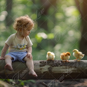 Peut inclure: Un jeune enfant est assis sur une bûche dans une forêt, regardant quatre poussins jaunes marcher sur la bûche. L'enfant porte une chemise et un short bleu clair. Les poussins sont duveteux et ont des plumes jaunes vives.