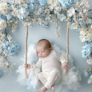 Digital bakgrund för nyfödd, gunga med blå blommor och moln, flicka, digital bakgrund för konstfotografi, fotografiöverlägg, fotokomposit