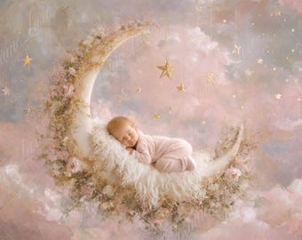 Newborn Digital Backdrop, Fine Art Floral Crescent Moon on Pink, Newborn Composite digital background, Photoshop Overlays,Studio Background