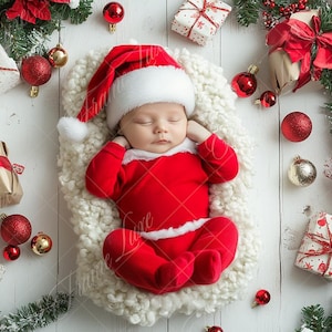 May include: A newborn baby wearing a red and white Santa suit is sleeping in a white fluffy basket. The baby is surrounded by Christmas decorations, including red and white ornaments, wrapped gifts, and a poinsettia.