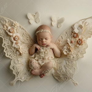 May include: A newborn baby wearing a white lace dress and a pearl headband, sleeping peacefully inside a large, white, lace butterfly wing prop.