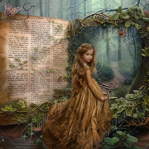 May include: A young girl in a gold dress steps out of an open book into a misty forest. The book is open to a page of text and has a leafy vine border. The forest scene is filled with trees and a path leading into the distance.