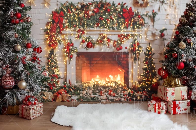Christmas Cozy Fireplace Digital Background, Holiday Portrait Digital ...
