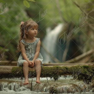 May include: A young child sits on a moss-covered log over a stream, wearing a light blue dress. A waterfall is visible in the background, with lush green foliage surrounding the scene. The image has a soft, natural aesthetic.