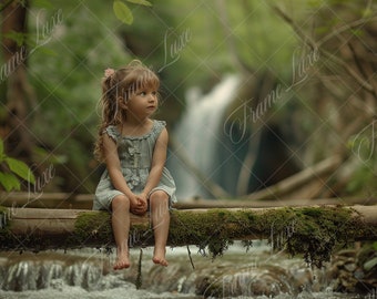 Wood Log Over Creek digital background, Summer backdrop, Fine Art portrait photography digital backdrop,Children composite,Photoshop overlay