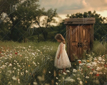 Rustic Door in Flower Field Background, Fine Art portrait photography digital backdrop, Creative Composite, Photoshop overlay, flower meadow