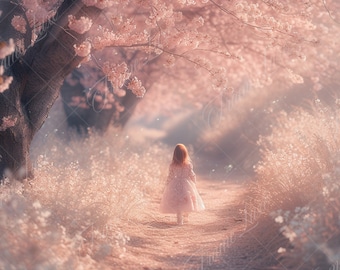 Spring Cherry Blossom Pathway Background, Fine Art portrait photography digital backdrop, creative composite, Photoshop overlay, pink blooms
