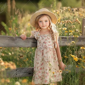 May include: A young girl wearing a straw hat and a floral dress stands in a field of wildflowers. She is leaning against a wooden fence.