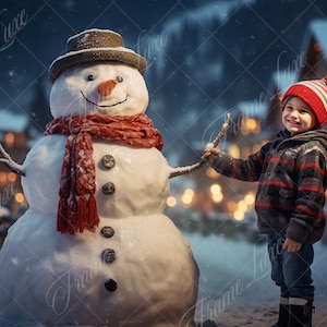 Christmas Snowman in Winter Town digital background, Enchanted Frosty Woods Composite,Fine Art Holiday digital backdrop,Photography Overlays