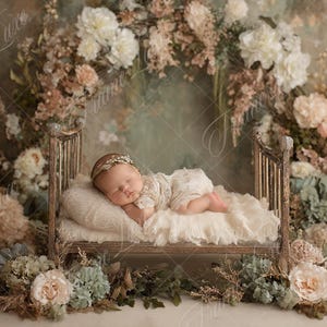 Puede incluir: Un bebé recién nacido duerme plácidamente en una pequeña cama de estilo antiguo, rodeado de un arreglo floral con colores suaves y apagados. El bebé lleva un conjunto de encaje y una diadema floral, creando una escena serena y delicada.