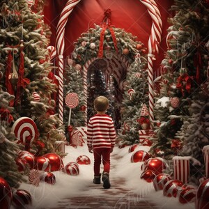 May include: A young boy walks through a whimsical Christmas scene decorated with candy canes, lollipops, and red and white ornaments. The pathway is lined with snow-covered evergreen trees.