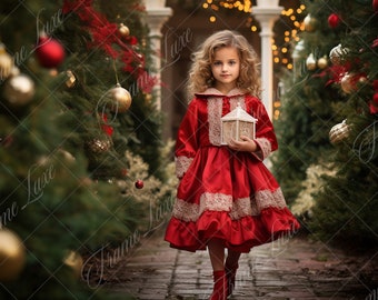 Red Christmas Garden Background, Fine Art Holiday portrait digital backdrop, festive Kid Christmas composite, Studio Photography overlay