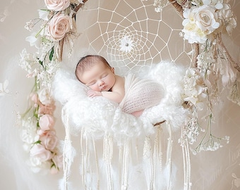 Newborn Digital Backdrop, White Pink Floral Dreamcatcher, Spring Floral Composite digital background, Photoshop Overlays, Studio Background