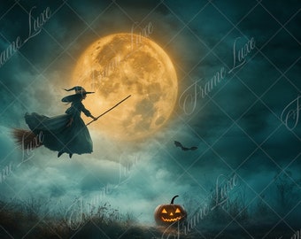 Flying Broom Over the Moon digital background, Creative portrait photography backdrop, spooky Halloween children composite,Photoshop overlay