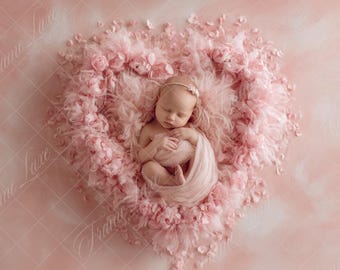 Newborn digital background, Pink Floral Heart Nest, Baby Girl Fine Art photography digital backdrop, Photography overlays, Photo Composite