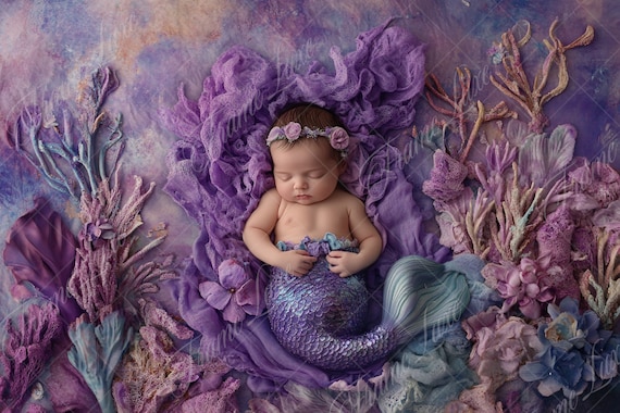 Newborn Digital Backdrop, Purple Mermaid Tale, Baby Girl,Sea Theme Newborn Composite digital background,Photoshop Overlays,Studio Background