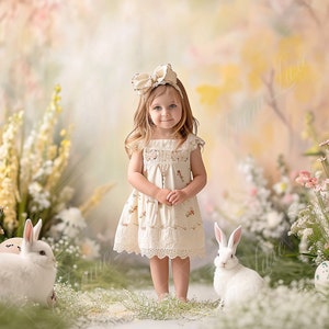 May include: A young girl in a white floral dress and a bow headband stands in a field of flowers with two white rabbits. The girl is smiling and looking at the camera. The background is a soft, pastel color.
