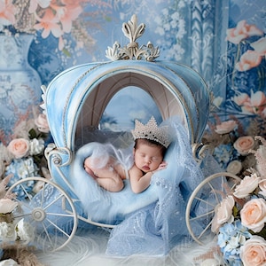 新生児のデジタル背景、青いプリンセスカート、花の乳母車、ファインアート写真のデジタル背景、写真オーバーレイ、クリエイティブ合成