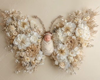 Newborn Digital Backdrop, Cream Floral Butterfly For baby girl, Newborn Composite digital background, Photoshop Overlays, Studio Background