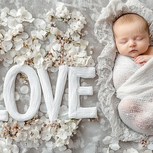 Fondo digital para recién nacidos, carta de amor con flores, bebé niño niña, fondo digital compuesto creativo, superposiciones de Photoshop, fondo de estudio