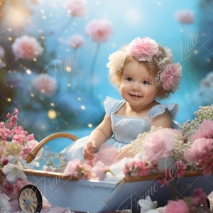 Blue Flower Cart digitale achtergrond, Spring Floral, Fine Art portretfotografie digitale achtergrond, Baby creatieve composiet, Photoshop overlay