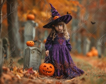 Può includere: Una bambina vestita da strega con un abito viola e un cappello da strega nero si trova in un cimitero. Tiene una zucca intagliata e ci sono altre zucche sparse intorno a lei. Lo sfondo è un'immagine sfocata di foglie autunnali.