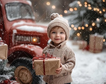 Könnte beinhalten: Ein kleines Kind in einer beigefarbener Strickmütze und einem Pullover hält ein verpacktes Geschenk vor einem roten Oldtimer-LKW und einer verschneiten Winterlandschaft.