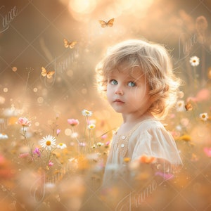 Wildflower Field with Butterfly digital background, Sunset, Soft Focus, Fine Art portrait digital backdrop,  composite, Photography overlay