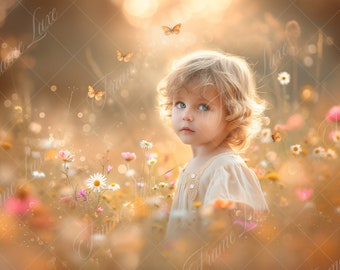 Wildflower Field with Butterfly digital background, Sunset, Soft Focus, Fine Art portrait digital backdrop,  composite, Photography overlay