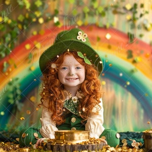 May include: A young girl wearing a green leprechaun hat with gold shamrocks and a green and gold outfit sits in front of a rainbow backdrop with gold confetti.