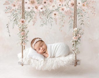 Newborn digital background, Fine Art Pink Flower Swing,Baby Girl Fine Art photography digital backdrop, Photography overlays,Photo Composite