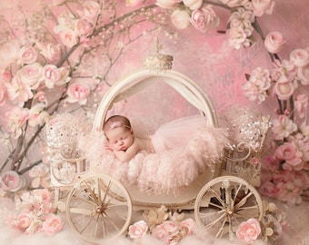 Newborn digital background, Pink Princess Cart, Flower Pram, Fine Art photography digital backdrop, Photography overlays, Creative Composite