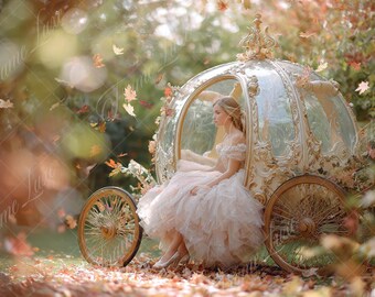 Princess Cart in woods digital background, Soft Focus, Fine Art portrait photography backdrop, children creative composite,Photoshop overlay