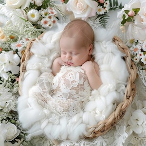 Newborn Digital Backdrop, Baby Girl white flower basket, Spring Floral Composite digital background, Photoshop Overlays, Studio Background