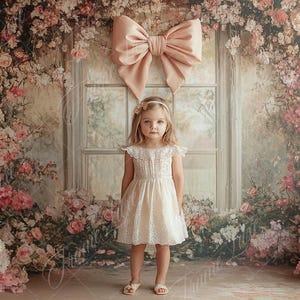 May include: A young girl wearing a white lace dress and a floral headband stands in front of a window with a large pink bow. The background is a floral backdrop with pink and white flowers.