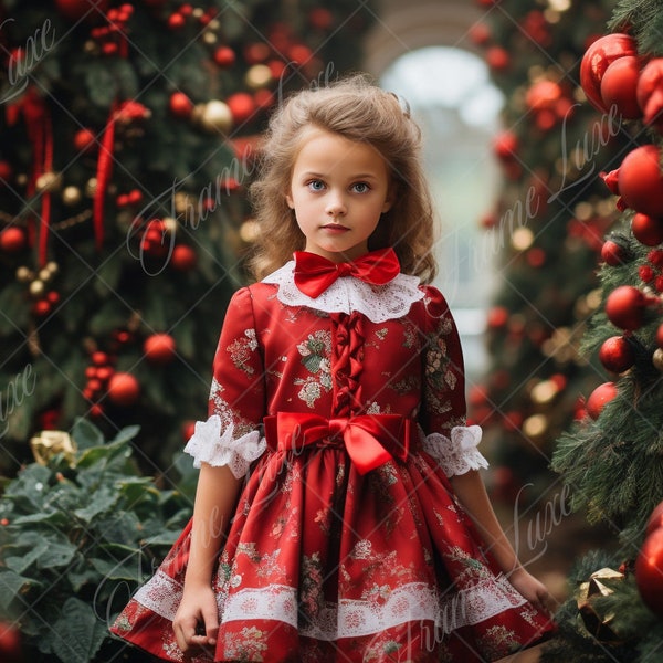 Red Christmas Garden Background, Fine Art Holiday portrait digital backdrop, festive Kid Christmas composite, Studio Photography overlay