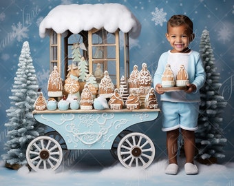 Christmas Gingerbread Cart digital background, Fine Art Holiday portrait digital backdrop, festive Christmas composite, Photoshop overlay