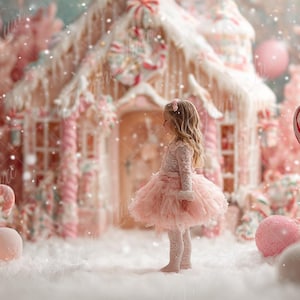 May include: A child in a pink dress stands in a snow-covered scene with a gingerbread house and large lollipops. The scene is predominantly pink and white, creating a fairytale atmosphere. The image evokes a sense of wonder.