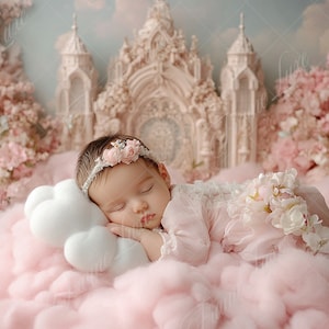 Puede incluir: Un bebé dormido con una diadema floral y un vestido rosa, descansando sobre una almohada en forma de nube y material rosa y esponjoso. El fondo presenta una estructura similar a un castillo y arreglos florales en tonos rosas y blancos.