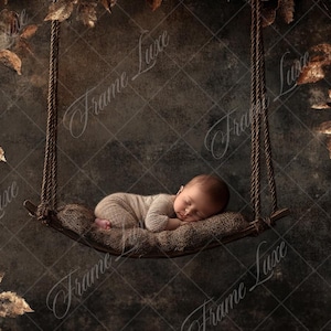 May include: A newborn baby sleeping peacefully in a brown fabric swing, surrounded by a backdrop of gold leaves and a dark brown textured background.