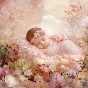 Puede incluir: Una bebé durmiendo con una diadema rosa con flores y un arrullo rosa, tumbada en una manta rosa esponjosa rodeada de un lecho de flores rosas y amarillas pastel.