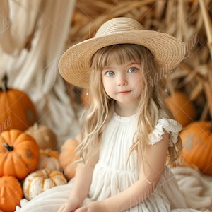 May include: A young girl wearing a white dress and a straw hat sits in a pile of orange pumpkins.