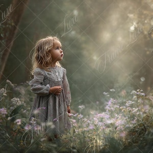May include: A young child in a grey dress stands in a sunlit forest clearing, surrounded by wildflowers. The dress has lace detailing. The scene is soft and dreamy, with light filtering through the trees.