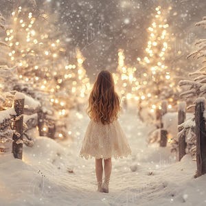 以下が含まれることがあります： 白いドレスを着た若い女の子が、キラキラ光るライトで飾られた木々で囲まれた雪の降る森の小道を歩いている