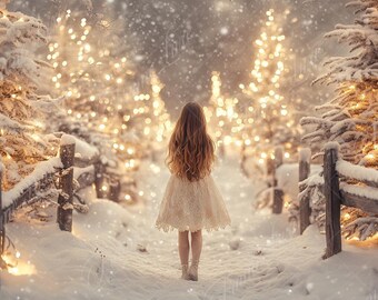 Christmas Tree Path Winter Snowy Day digital background, Fine Art Holiday portrait digital backdrop, festive Christmas composite, Soft Bokeh