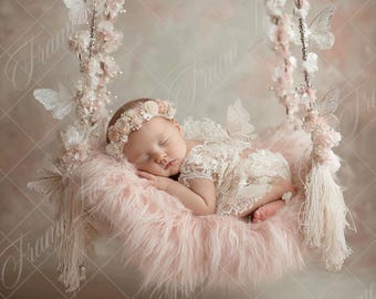 Newborn digital background,Pink Flower Butterfly Swing,Baby Girl Fine Art photography digital backdrop, Photography overlays,Photo Composite