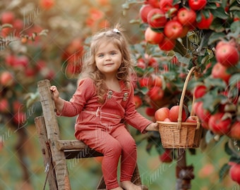 Harvest Apple Orchard with Wooden Ladder digital background, Summer Kids portrait digital backdrop, creative composite, Photography overlay